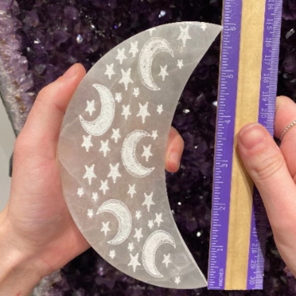 Selenite Moon Etched Charging Plate, Home Decor, Office Art, Boho Decorations - Picture 6 of 7
